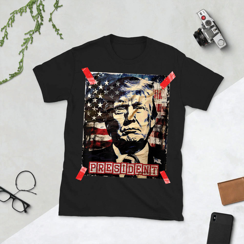 Trump President 2024 America US Flag Vintage Unisex Short-Sleeve T-Shirt